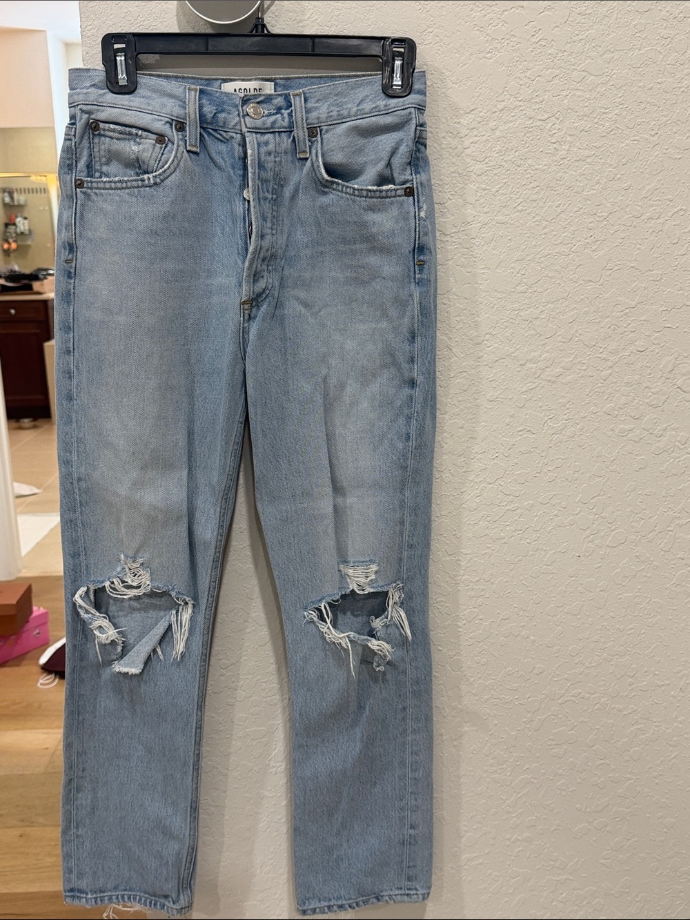 Agolde Light Blue Straight Leg Jeans with Knee Rips